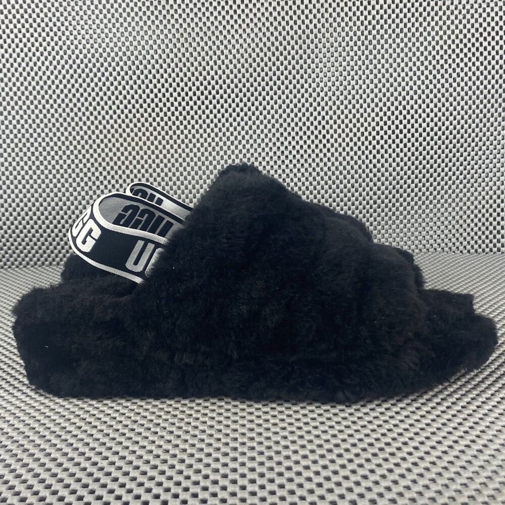 UGG Fluff Yeah Slide Sandal Womens Size 7 Black Elastic Slingback Real Lamb Fur